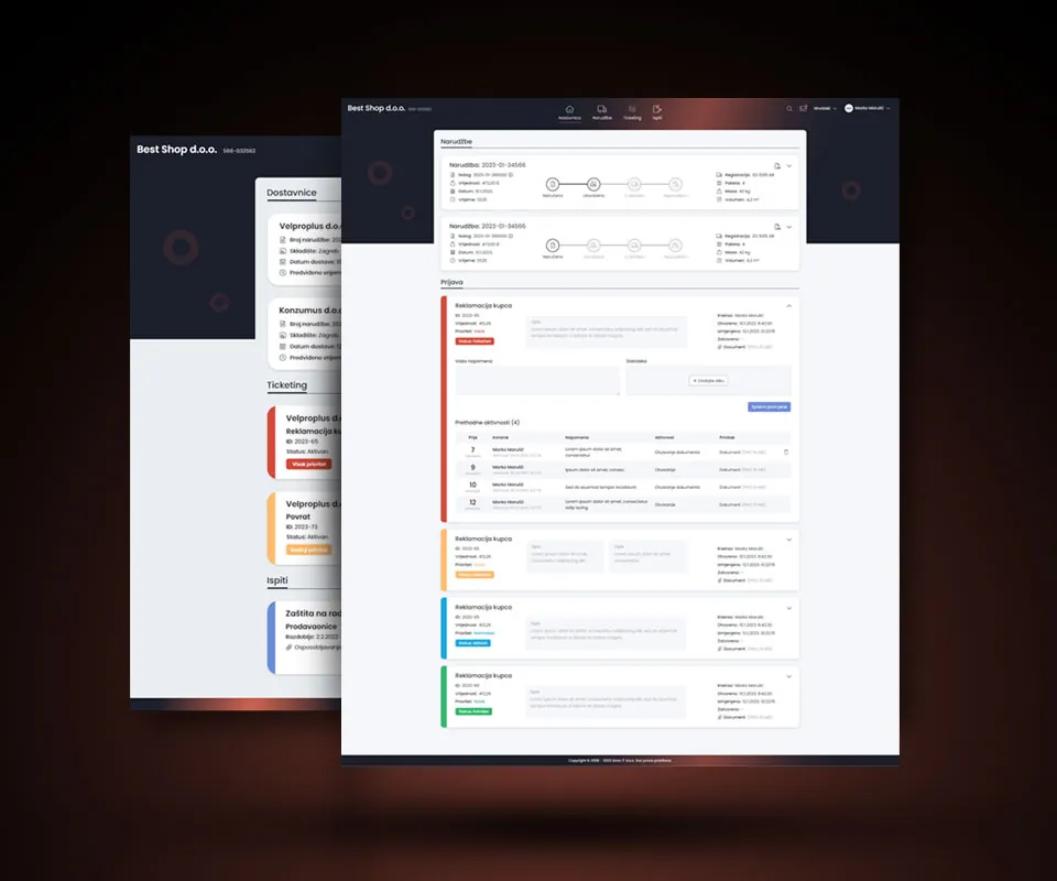 Two overlapping portal screens showing order progress trackers and complaint tickets with color-coded priority bars