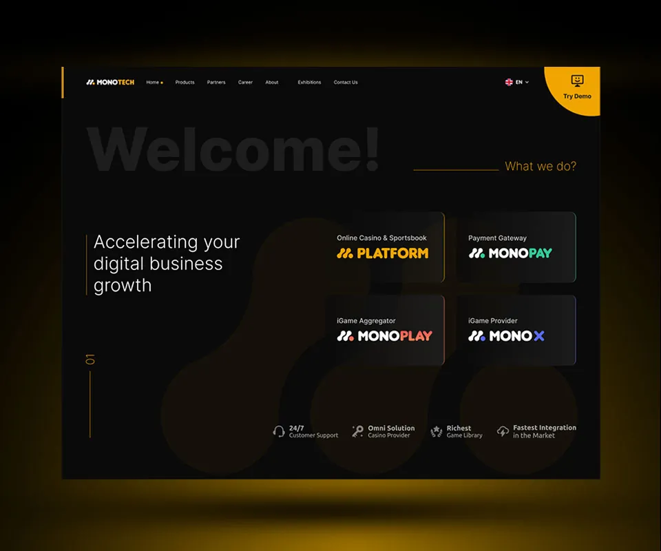 Monotech homepage in dark theme with hero headline and four product cards: Platform, MonoPay, MonoPlay, MonoX