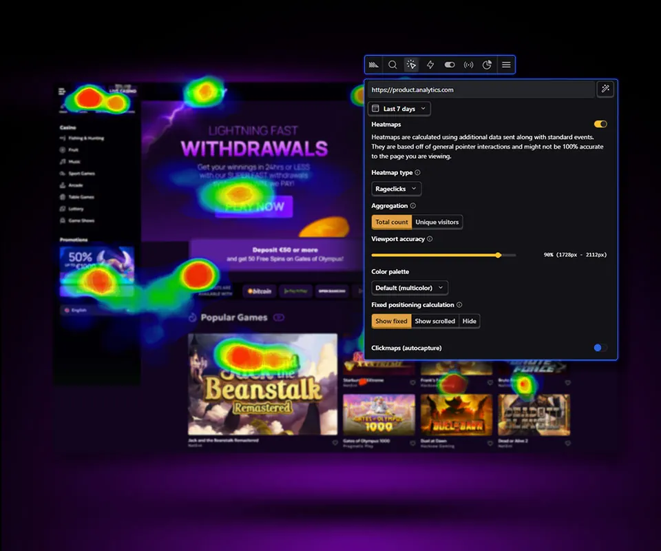 Casino homepage with click heatmap overlay beside an analytics toolbar panel set to rage clicks
