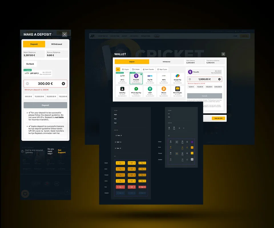 Mobile deposit form and desktop wallet modal with payment methods, beside button state components