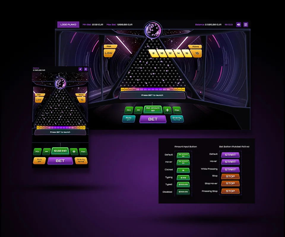 Desktop and mobile space-themed Plinko screens with amount input and bet button states