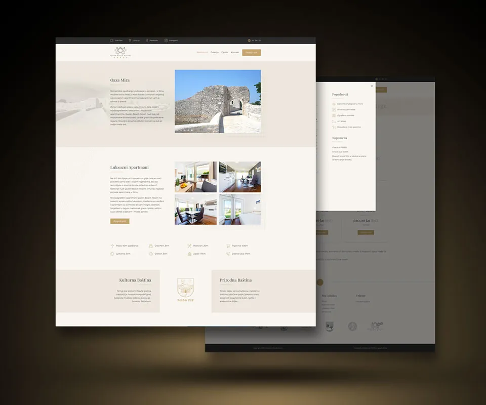 Two overlapping Queen Beach Resort pages: beige homepage in front, pricing page with amenities modal behind