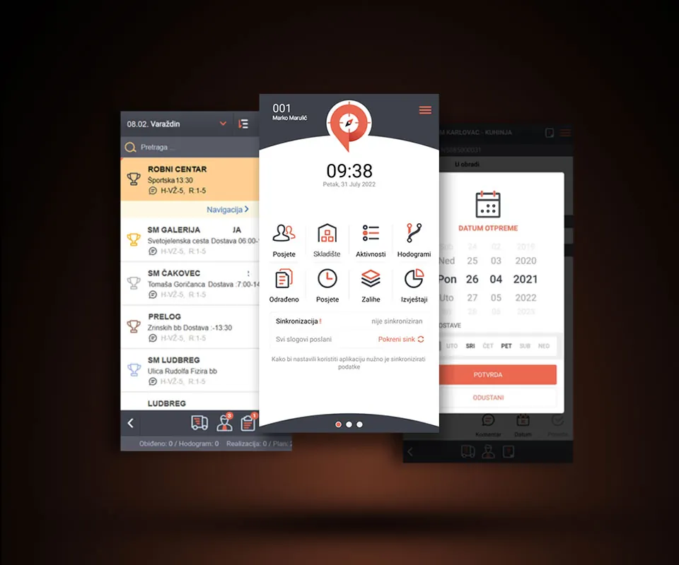 Three app screens: store visit route list, home dashboard with module icons, shipping date picker