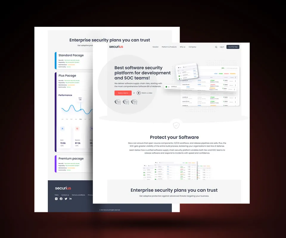 Software security landing page hero with dashboard preview, overlapping a page of enterprise security plans