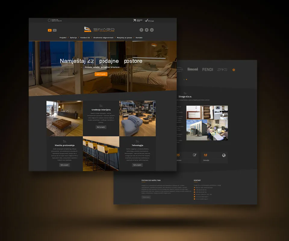 Two overlapping dark Sinago website pages showing a bedroom interior hero, service tiles and footer