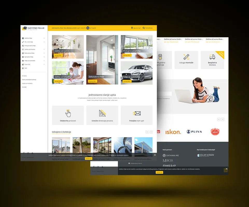Two overlapping Zaštitne Folije webshop screens with yellow header, product tiles and client logos